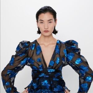 Zara Organza Blue and Black Floral Blouse Size Medium